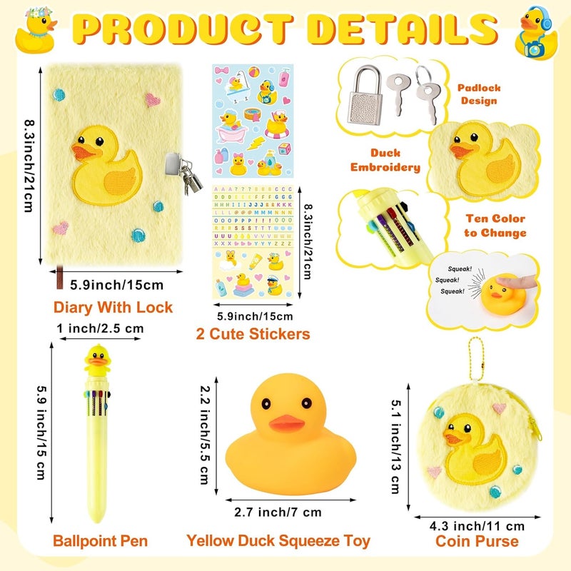 CY2SIDE 6PCS Yellow Rubber Duck Gift Set for 6-8 Year Old Girls, Cute Duck Plush Secret Diary Journal with Coin Purse Pen Sticker and Bath Toy, Birthday Gifts - Image 2